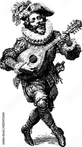 Antique musician playing a mandolin in silhouette. Hand-drawn vector illustration features vintage style, depicting historical performance set.
