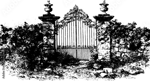 Ornate iron garden gate with stone wall and vintage details. Black and white vector illustration with plants, vines, and classic architecture.