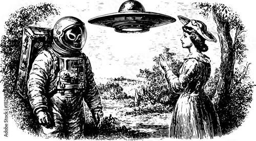 Astronaut and alien in vintage engravings. Detailed black silhouette vector illustration depicting exploration and imagination in a historical landscape.