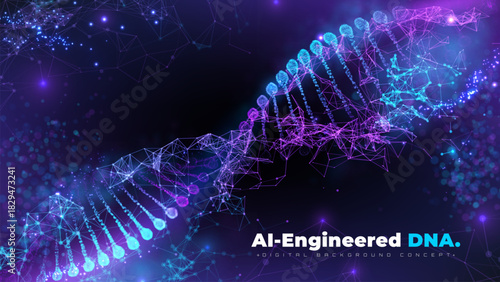 Digital network connection with AI in DNA shape. Future science research and Big Data technology concept. Abstract glowing vector background.