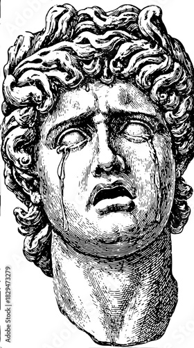 Crying statue head in classic art style. Detailed vintage vector illustration showcasing expressive emotion and ancient heritage.