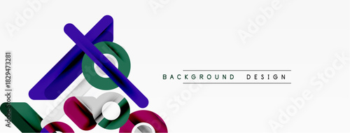Abstract geometric shapes overlap, creating dynamic composition. Colors include purple, green, red, gray. Minimalist design suitable for backgrounds.