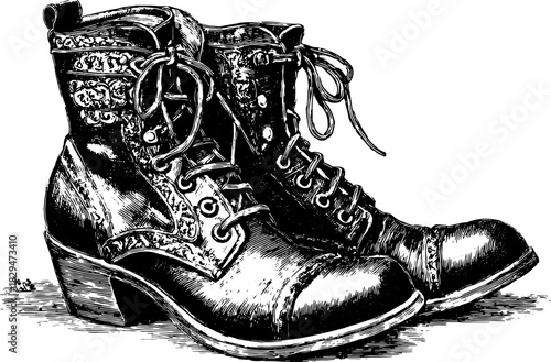 Boots silhouette in retro engraving style. Vintage hand-drawn illustration with detailed texture in black and white vector format.