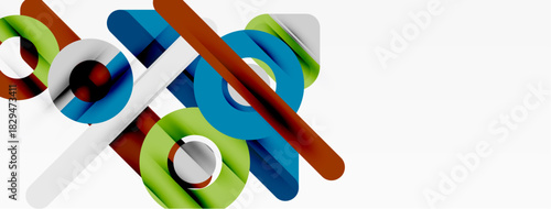 Abstract geometric shapes overlap, creating vibrant composition. Lines, curves, circles present modern design elements. Bright colors dominate visual space.