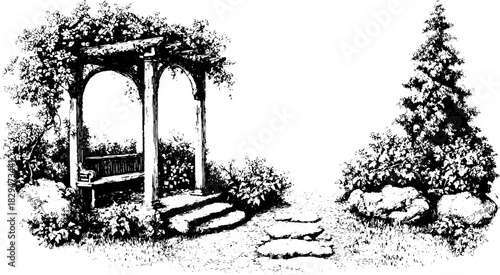 Garden pavilion illustration with a stone path and greenery. Vintage black and white vector art, showcasing outdoor architectural design.