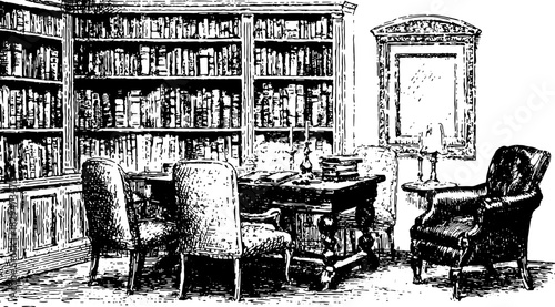 Library scene with bookshelves, vintage furniture, and a desk. Hand-drawn vector illustration featuring a cozy workspace with a lamp.