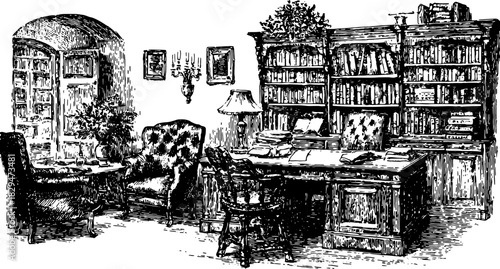 Vintage office library illustration. Hand-drawn silhouette of a desk, chair, and bookshelves in a cozy indoor space. Black outline vector art set.