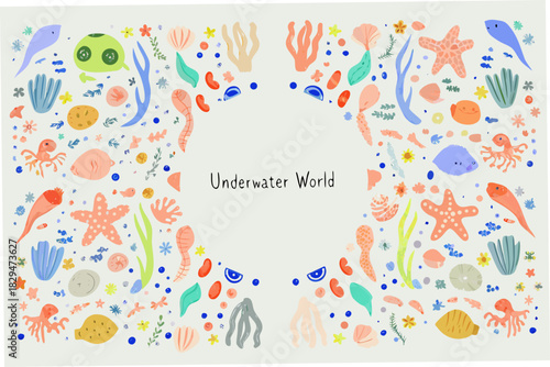 Hand drawn underwater world illustration with starfish coral and seaweed border