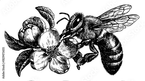 Bee and flower in monochrome sketch style. Botanical vector illustration with detailed line texture.