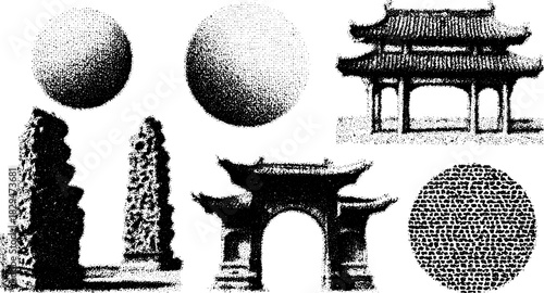 Abstract vector illustration of architectural structures and spheres. Monochrome designs highlight geometric elements in a cohesive set.