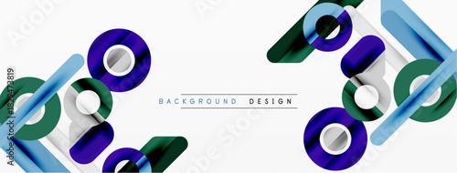 Abstract geometric shapes overlap, creating dynamic composition. Blue, green, purple hues dominate neutral background. Modern design element.