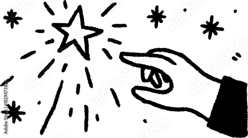 Hand pointing at a star with sparkles. Simple black and white vector illustration featuring a hand gesture and cosmic elements.