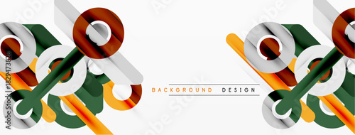 Abstract geometric shapes overlap, creating dynamic visual effect. Orange, green, brown tones dominate composition. Modern design element.