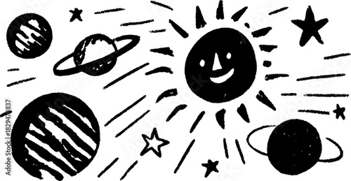 Space illustration featuring a sun, planets, and stars. Black and white doodle style graphic set representing celestial elements. Vector illustration.