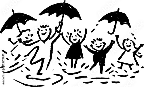 People with umbrellas jumping in rain puddles. A playful vector illustration showcasing outdoor activity and cheerful enjoyment.