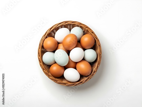 Wallpaper Mural Assorted Brown, White and Blue Chicken Eggs in Round Wicker Basket on White Background Torontodigital.ca