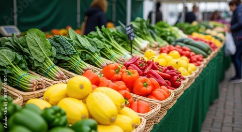 Fresh produce market display with vibrant vegetables and fruits