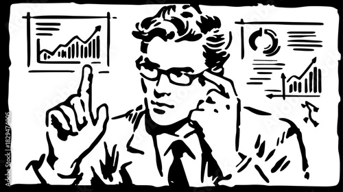 Businessman analyzing charts and graphs in a thoughtful manner. Professional vector illustration in a simple black and white style.