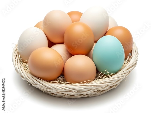 Wallpaper Mural Soft Pastel and Neutral Colored Chicken Eggs in Light Wicker Basket on White Background Torontodigital.ca