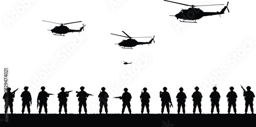 Armed Military Soldiers and Helicopters Silhouette, Black Vector Graphic of Army Troops Standing Guard with Flying Aircraft for Defense and War Operations Design