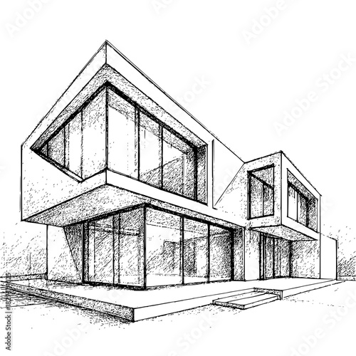 A refined architectural sketch of a contemporary angular residence featuring expansive glass façades, clean geometric lines, and a unique, exclusive modern design aesthetic.