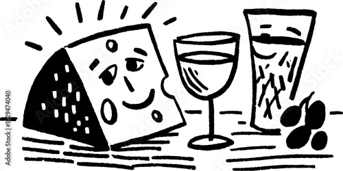 Cheese and drink illustration in a monochrome style. Simple vector set depicting a happy cheese with a glass for a casual picnic.