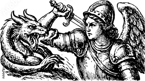 Angel warrior fighting a dragon with a sword in a detailed vector illustration. This classic artwork features dynamic battle elements in a set.