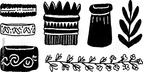 Silhouette hand-drawn illustrative elements in varied shapes and leaves. This decorative vector set features artistic outlines for unique designs.