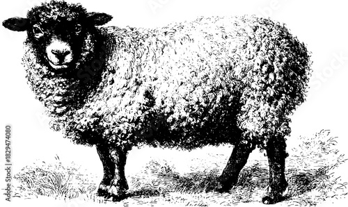 Sheep with wool on pasture in classic black and white engraving style. Vintage vector illustration with detailed texture.