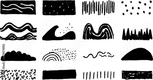 Hand-drawn silhouette patterns in black. Simple line art designs in a set of vector illustrations with various textures and styles.