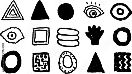 Silhouettes and hand-drawn outlines of various shapes in a set. Includes triangles, circles, and eyes in a black vector illustration style.