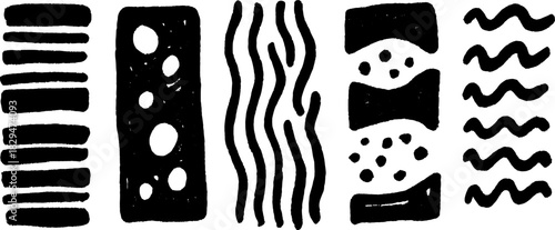 Hand-drawn black outlines of various shapes in a set. This vector illustration features distinct doodle styles in monochrome design.