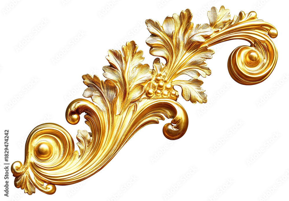 Fototapeta premium Golden ornate floral decoration with leaves, isolated on transparent cutout background