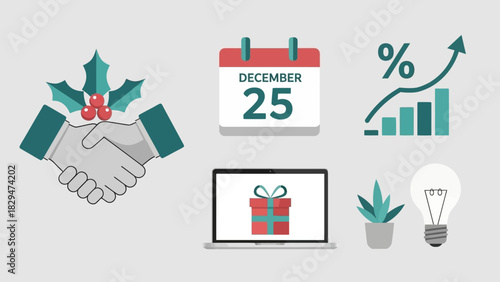 Christmas Winter Vector Icon Set A modern vector collection for holiday business, featuring seasonal collaboration, December planning, and financial growth icons