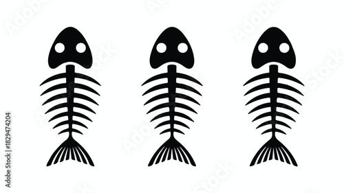 A minimalist black and white illustration of three fish skeletons arranged horizontally 