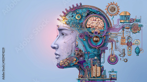 A conceptual fusion of technology, nature, and humanity.The concept of LLM, Large Language Model ,AI,Artificial intelligence or a cyborg/android,deep learning,Vector data,illustrator.	