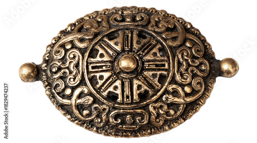 Ancient Viking brooch with Norse design background isolated on a Transparent background, PNG file.