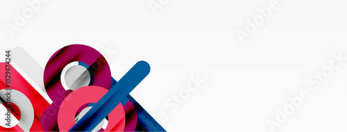 Abstract shapes overlap, creating dynamic composition. Colors include red, blue, white, dark shades. Minimalist design, modern aesthetic.