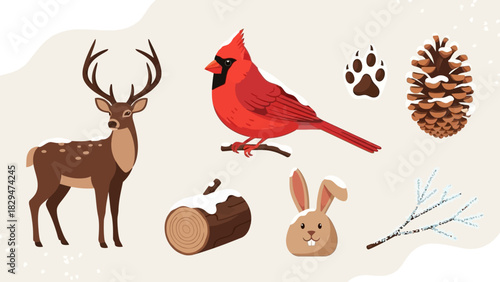 A delightful Christmas winter vector icon set, featuring charming forest animals and natural elements, offered as a versatile vector collection for seasonal designs