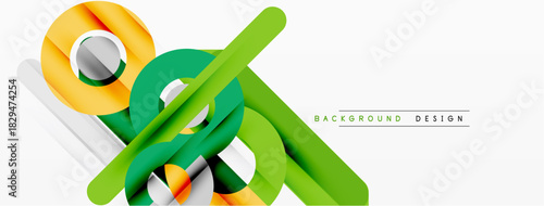 Abstract geometric shapes overlap, creating dynamic composition. Bright colors, clean lines define modern design elements.