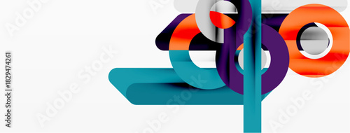 Abstract geometric shapes overlap, creating dynamic composition. Bright colors contrast against white background. Modern design elements present.