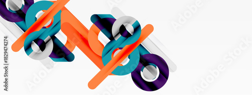 Abstract geometric shapes overlap, creating dynamic composition. Orange, teal, purple hues dominate white background. Modern design element.