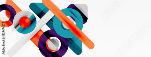 Abstract geometric shapes overlap, creating vibrant composition. Colors include teal, orange, purple, gray. Modern design elements present.