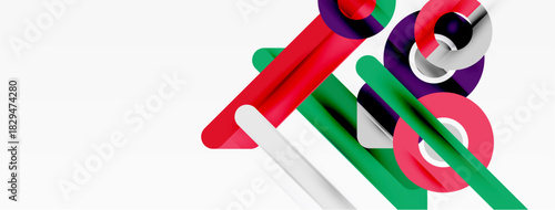 Abstract composition featuring colorful cylindrical shapes. Intersecting lines create dynamic visual effect. Minimalist design, clean aesthetic.