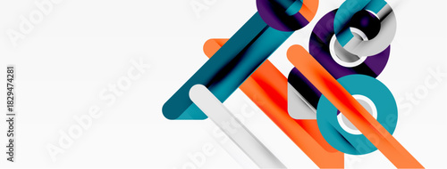 Abstract geometric shapes overlap, creating dynamic composition. Colors include teal, orange, purple, white. Minimalist design.