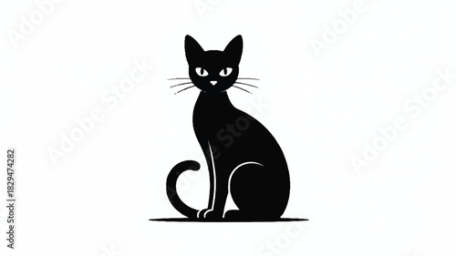 A minimalist black and white silhouette illustration of a sitting cat against a pure white background