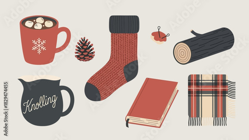 A cozy christmas and winter vector set featuring a collection of hygge lifestyle icon elements for holiday design