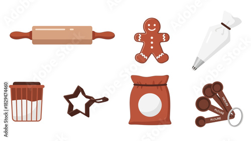 Christmas Winter Baking Vector Set Icon - Gingerbread Man, Rolling Pin, Cookie Cutters for Festive Design