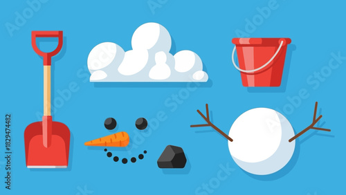Christmas Winter Vector Set Icon Snowman, Shovel, Bucket, Snow, and Festive Elements in Flat Style