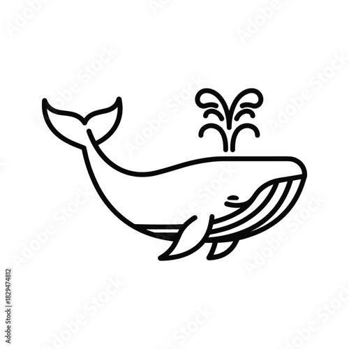 Minimalist line art whale icon spouting water. simple graphic design element for ocean themes.